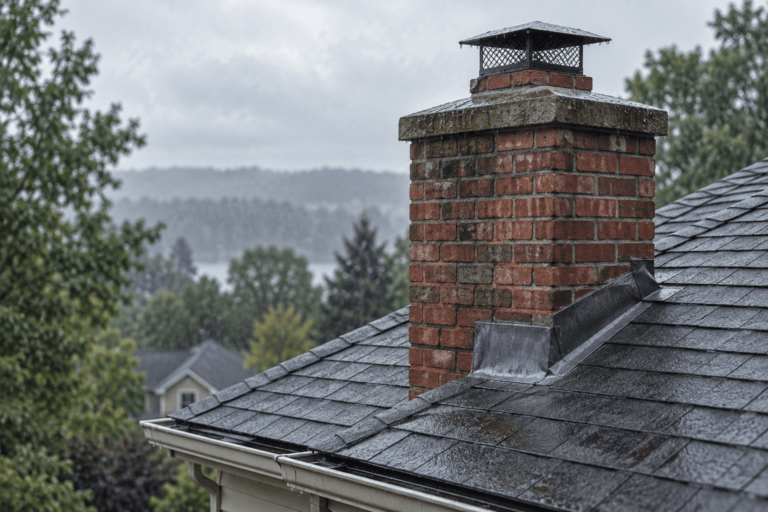 Editorial illustration supporting chimney cap installation and replacement planning